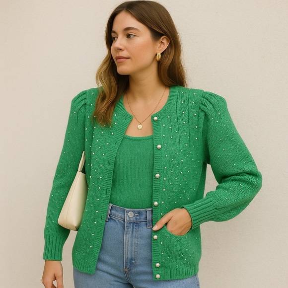 Vintage 80s Hand Knit Green Pearl Embellished Elegant  Twinset S/M - Picture 1 of 16